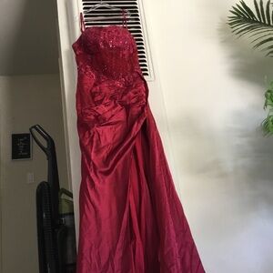 Red Strapless Beaded Evening Gown